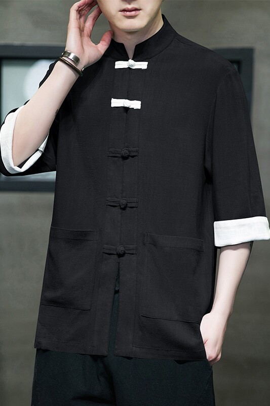 品质风复古盘扣服开衫翻袖撞色七分袖汉服男立领MT2310-P65,男装民族服装,电商A021