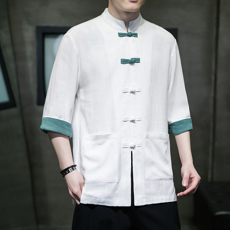 夏季功夫服棉麻风复古盘扣服开衫翻袖撞色七分袖男MT2310-P65,男装卫衣,电商A021