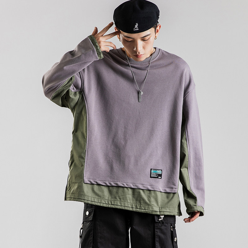 21日系拼接撞色国潮套头大码机车卫衣男QT4029-W06-P55,男装卫衣,电商A021