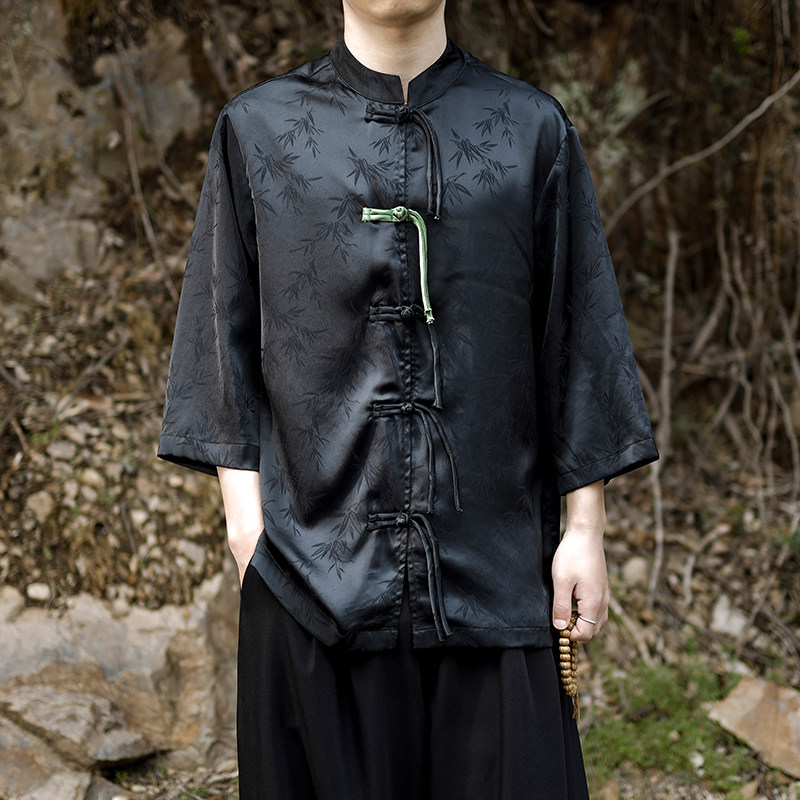 夏季风新款中式复古七分袖提花透气立领衬衫男T2801-P65,男装T恤,电商A021