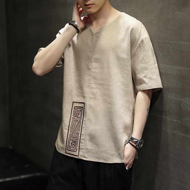 风新款夏季棉麻刺绣大码休闲T恤男QT4029-T2103,男装T恤,电商A021
