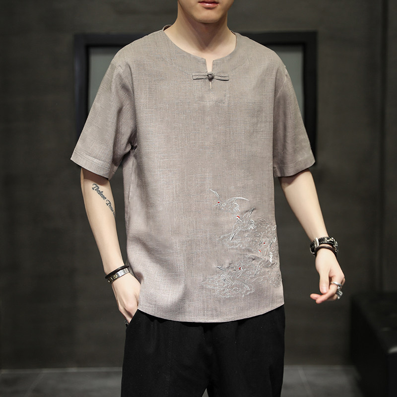 夏季风新款棉麻仙鹤刺绣汉服宽松大码T恤男QT429-2105图片