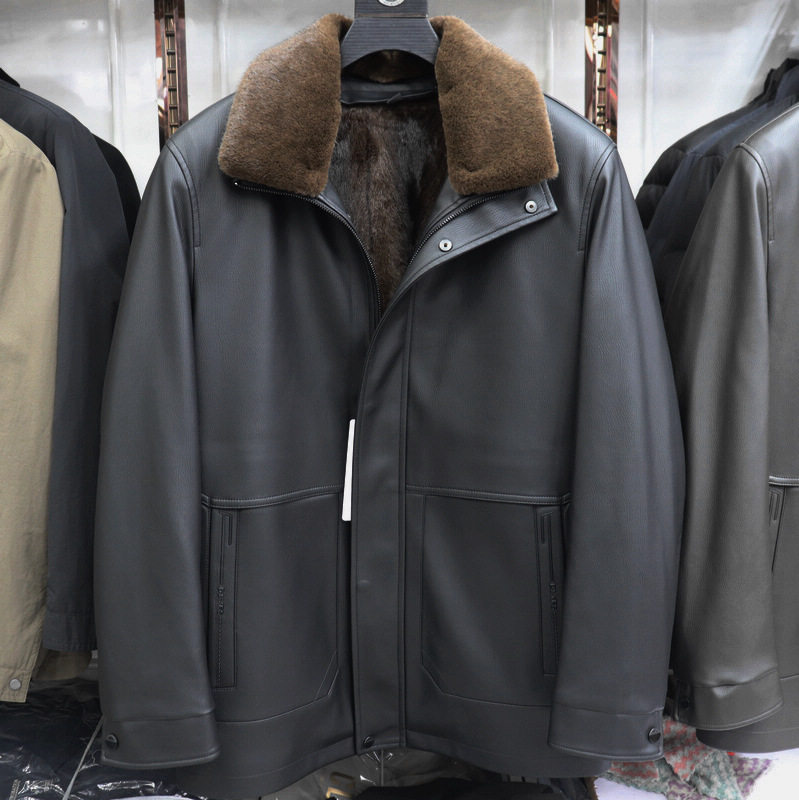 2025冬季新款杰克雄狮男装休闲男士仿兔毛中长活套pu皮夹克9525