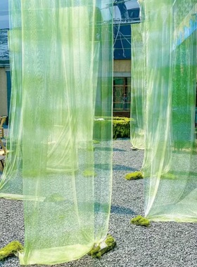 牛油果绿色山水纱幔风动禅意柔软薄纱绿色黑色水墨画中式古风网纱