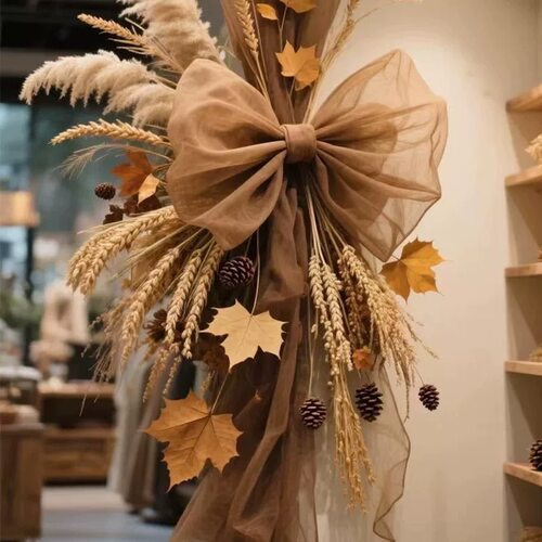 咖啡色欧根纱布料蝴蝶结阔挺造型纱幔婚庆结婚背景装饰纱