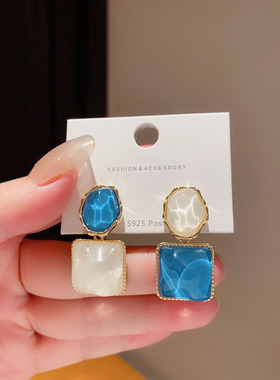 高级感蓝色几何方形耳环女耳夹无耳洞小众气质设计感复古耳钉耳饰
