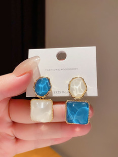 高级感蓝色几何方形耳环女耳夹无耳洞小众气质设计感复古耳钉耳饰