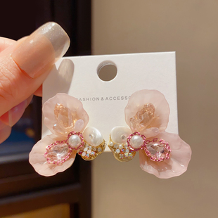 复古港风高级感夸张大耳环女小众独特设计粉色水晶贝壳花朵耳饰