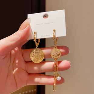 欧美复古人像钱币流苏不对称耳环女复古气质个性小众设计感耳饰