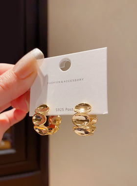 高级感小众金属冷淡风C形耳圈耳环女复古18K金色法式百搭气质耳饰