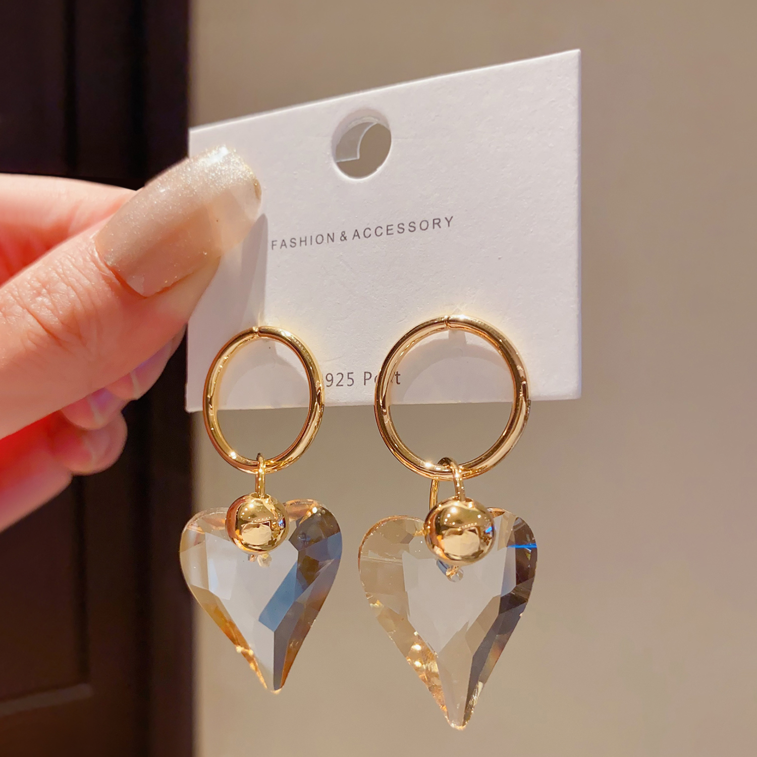 复古多面切割水晶爱心耳环女小众设计感耳钉高级感轻奢时尚耳饰