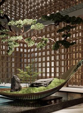 新中式船形端景台永生苔藓造景仿真绿植摆件室内玄关过道景观雕塑