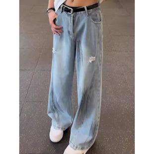 美式浅蓝工装牛仔裤男女款夏季微喇裤子宽松bf慵懒风阔腿弯刀裤子