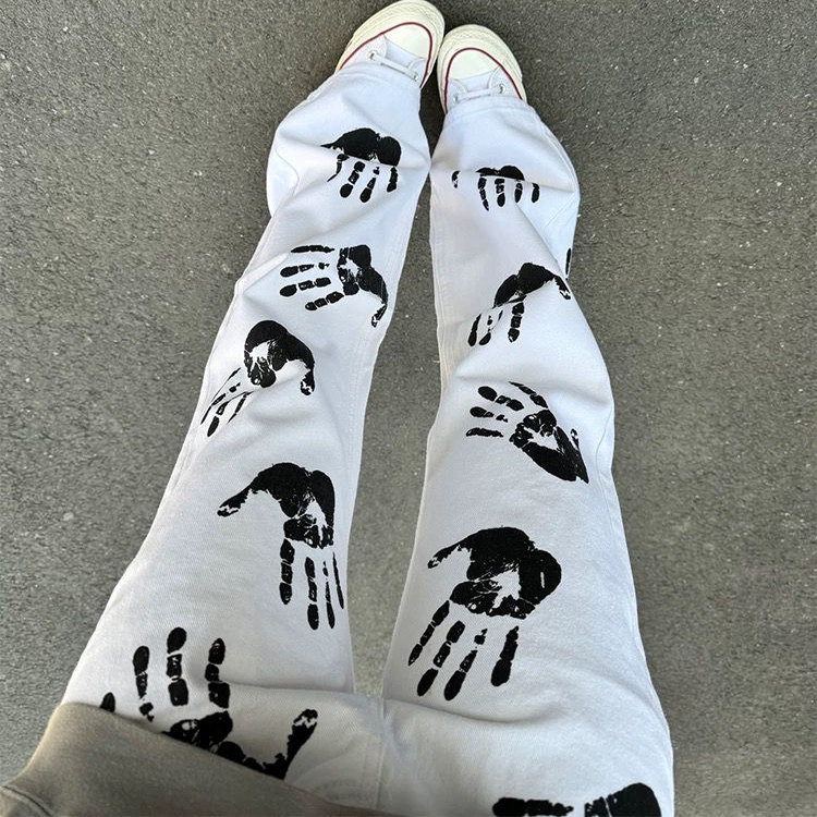 美式高街vibe手掌印花牛仔裤男款潮牌痞帅炸街裤子窄版直筒微喇裤