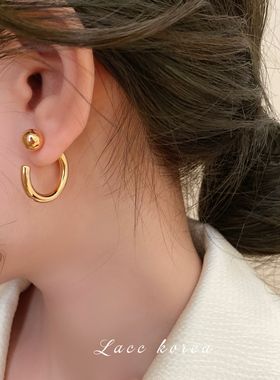 宋慧乔同款耳圈金豆子耳环2025新款港风复古金属半圈C形耳饰耳钉