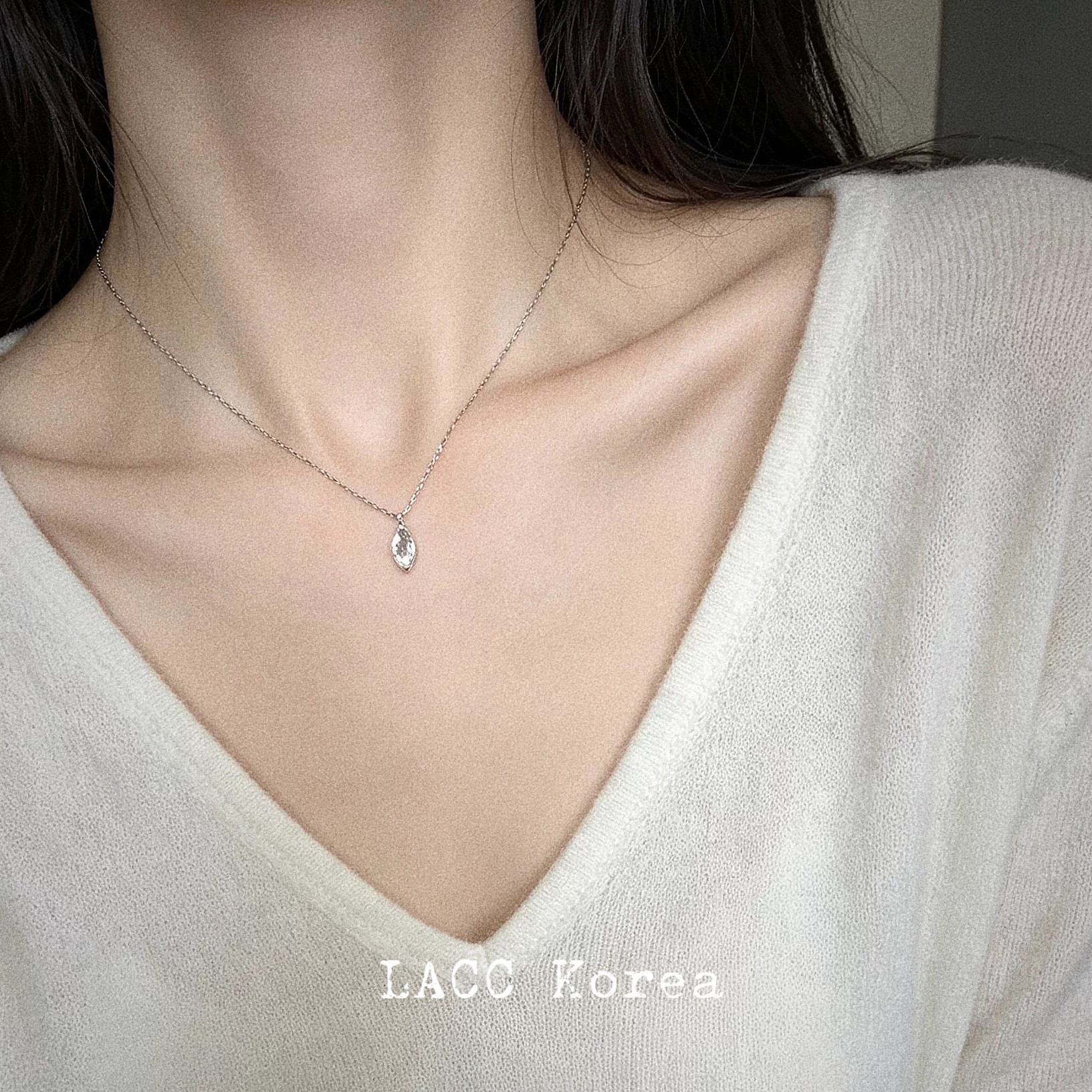韩国ins风小众设计感水滴形镶钻项链女925通体纯银简约百搭锁骨链