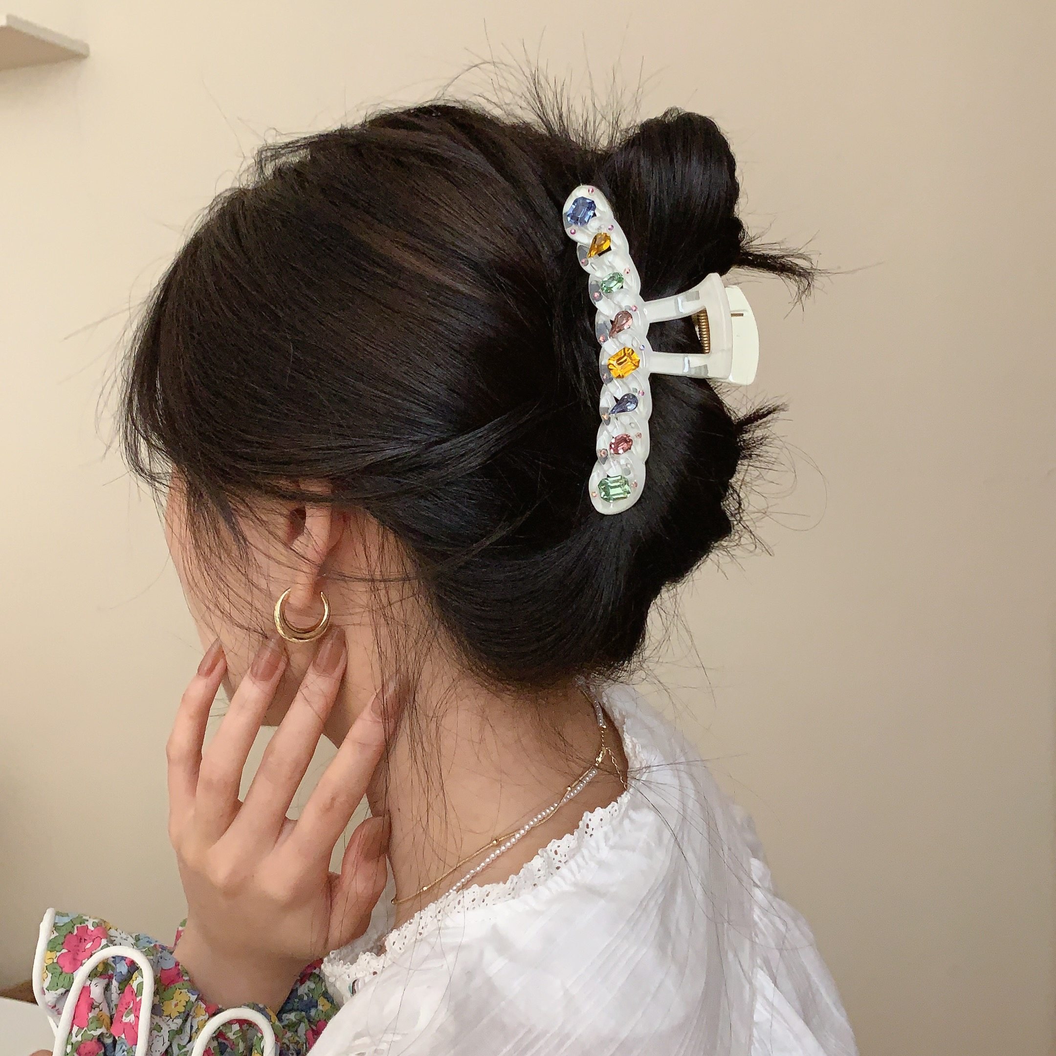 水钻链条设计可爱发夹头饰女后脑勺鲨鱼夹粉色大号抓夹头饰发夹女