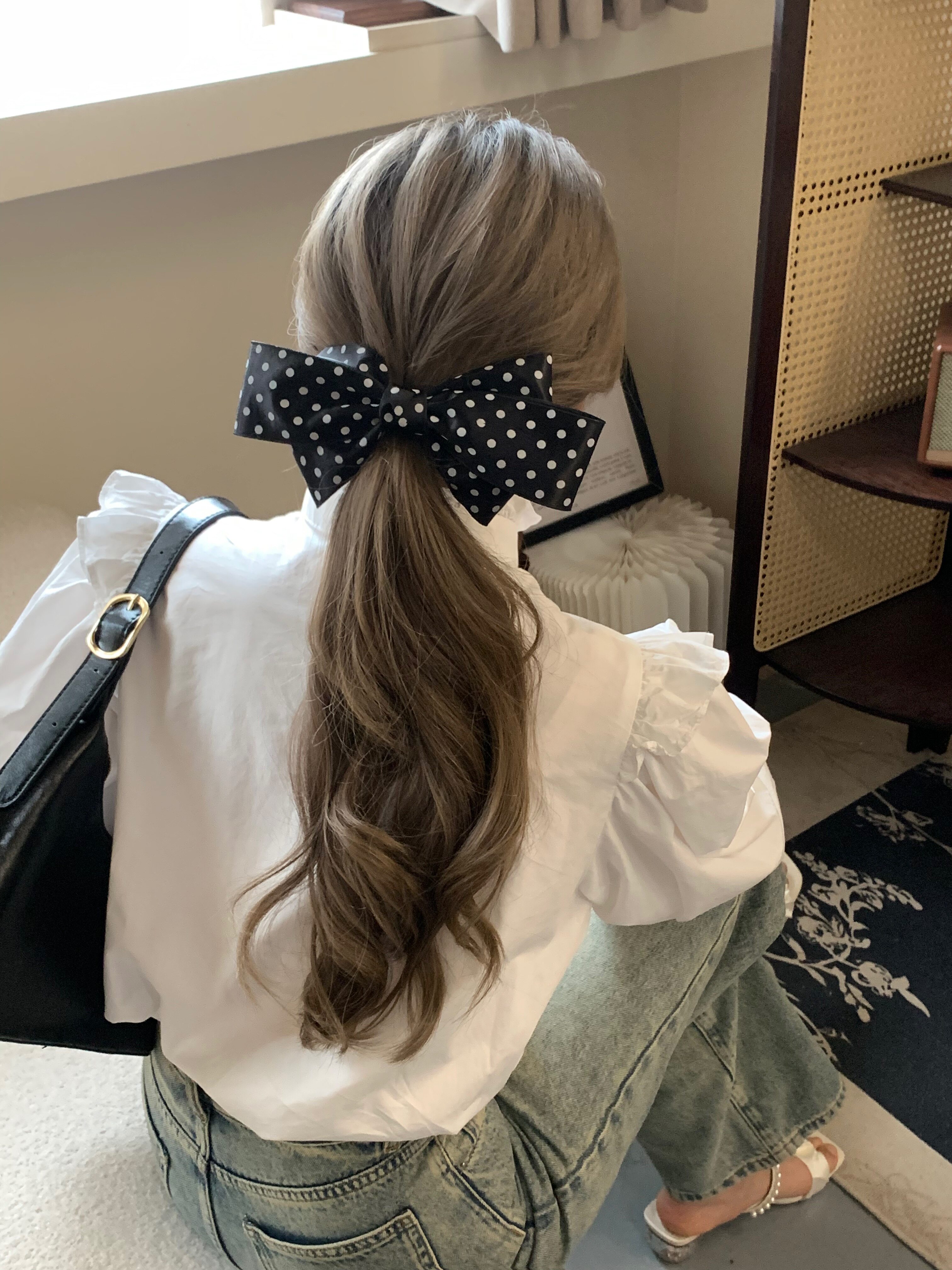 简约韩国新款波点蝴蝶结发夹女马尾夹子头饰发饰发卡发卡弹簧夹