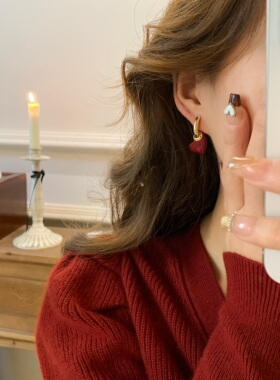 新品减-5！新年耳环红色2026新款滴釉爱心耳环耳钉耳扣复古耳饰女