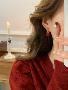 新品减-5！新年耳环红色2026新款滴釉爱心耳环耳钉耳扣复古耳饰女