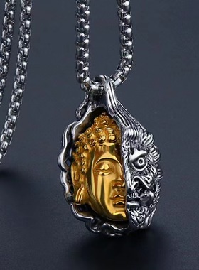 诗予饰一念佛魔双面雕刻钛钢项链