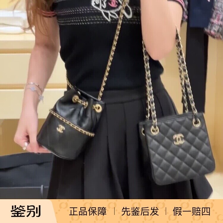 香奈儿抛光小羊皮链条水桶手袋