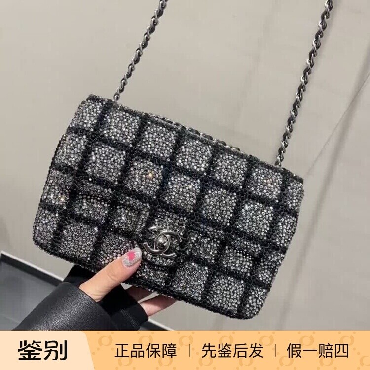 新款奢店代购 2025cChanel/香奈儿 限量满钻黑白格子晚宴单肩背包
