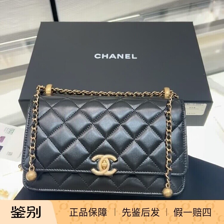 奢店代购 2025s 新款Chanel/香奈儿 亮面小牛皮链条金珠woc发财包