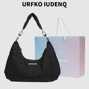 URFKO IUDENQ复古黑色乌云包小众设计腋下包手提单肩包月牙包包女