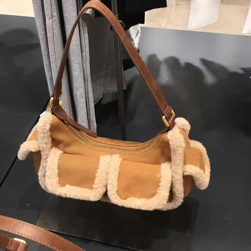 韩国风复古猫毛腋下机车包秋冬新款高级感拼接多口袋单肩通勤包包