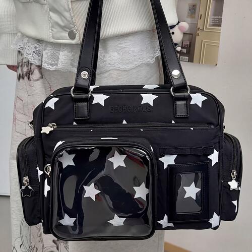 日韩系小众时尚简约星星图案单肩包女黑色多口袋二次元痛包追星包