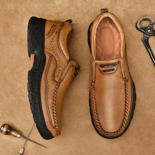 旗牌公牛男鞋头层牛皮商务休闲皮鞋男真皮软底一脚蹬爸爸鞋手工缝