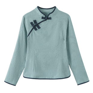 上衣民族风套装 复古长袖 改良旗袍上衣国风棉麻禅意茶服女唐装 中式