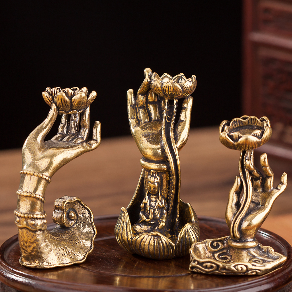 黄铜佛手莲花手托倒流香底座盘香插架居室创意复古禅意茶道铜摆件