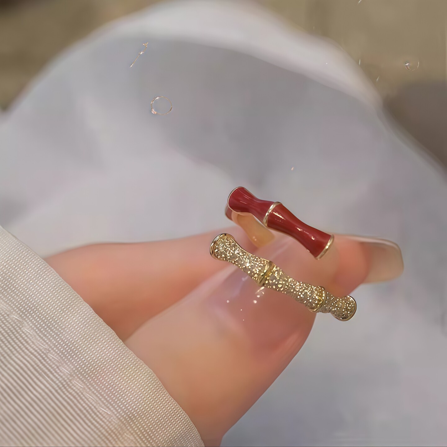 高级红色竹节戒指女小众设计双层2025新款爆款旺财小指尾戒食指环