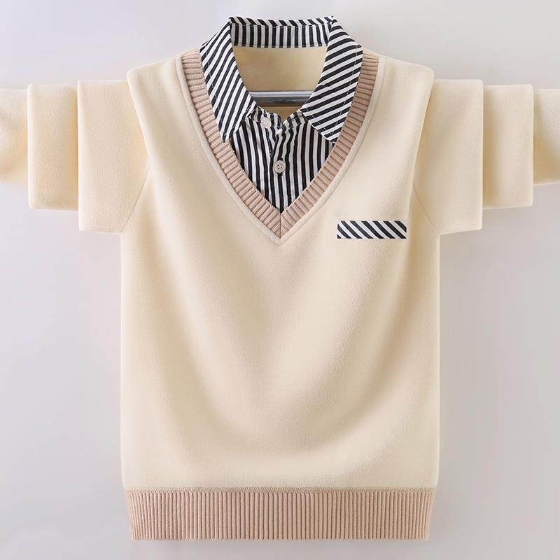 男童一体绒卫衣秋冬衬衫领假两件