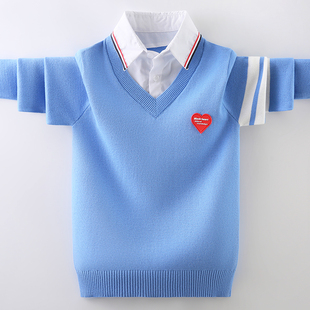 男童毛衣纯棉2025春秋新款中大童假两件针织衫薄款儿童衬衫领线衣