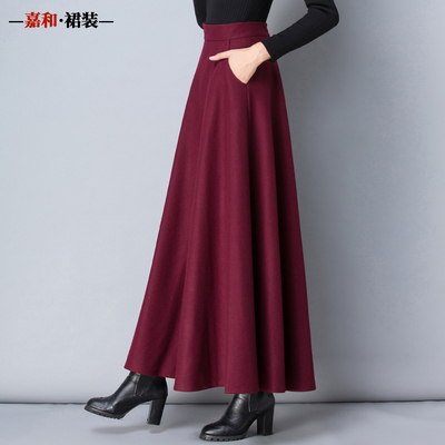 秋冬百搭纯色红色毛呢高腰半身裙