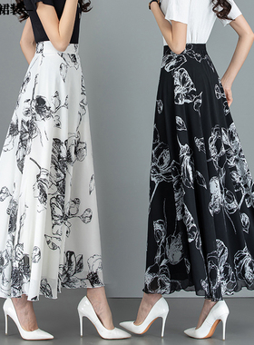 2026夏季新款复古水墨印花雪纺半身裙长款高腰A字裙大摆仙女裙子