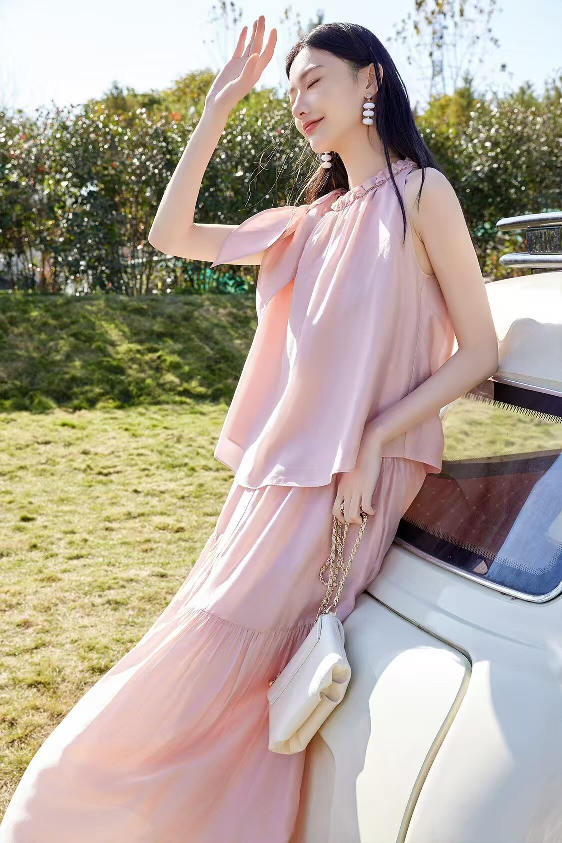 清纯系夏日穿搭韩系超好看减龄桔梗森女系粉色无袖上衣半身裙套装