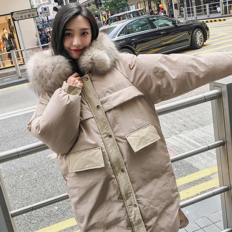 2018反季促韩版宽松大毛领羽绒棉衣中长款过膝chic原宿面包服外套