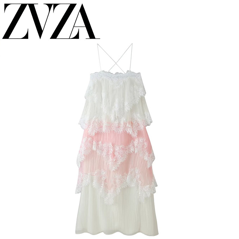 ZA 夏季新款 ZV女装 欧美风 时尚百搭蕾丝花边叠层拼接系带连衣裙