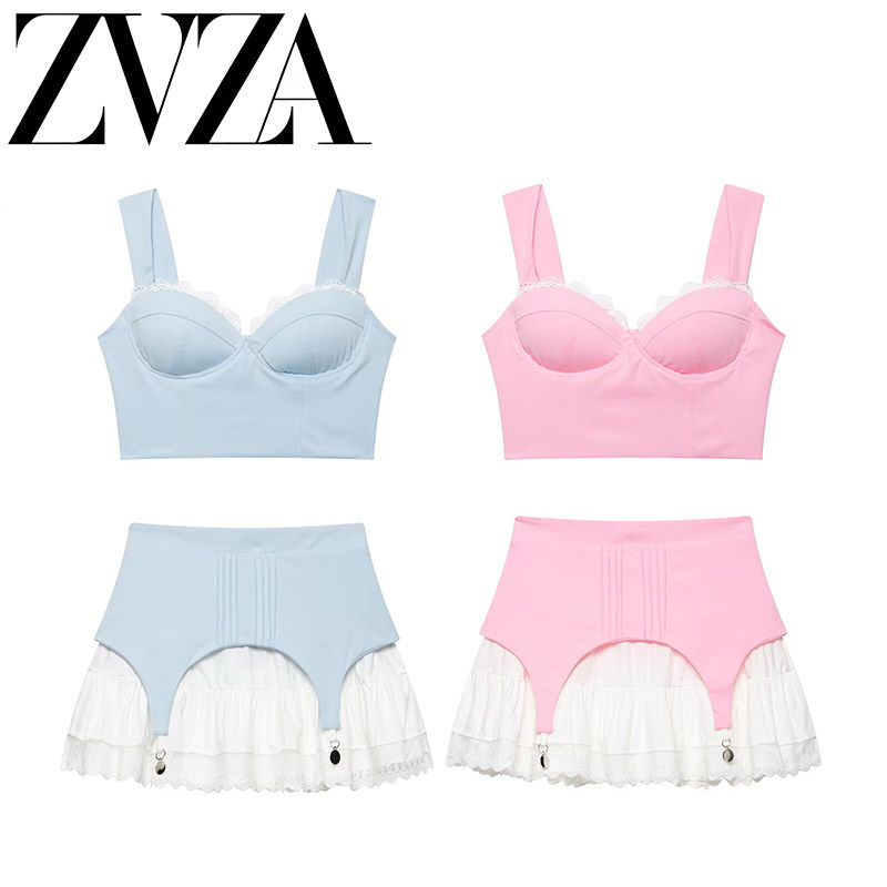 ZA 夏季新款 ZV女装 欧美风 时尚款抹胸吊带上衣撞色拼接短裙套装