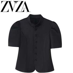 ZA 夏季新款 ZV女装 欧美风 时尚百搭设计感泡泡短袖丝光缎面外套