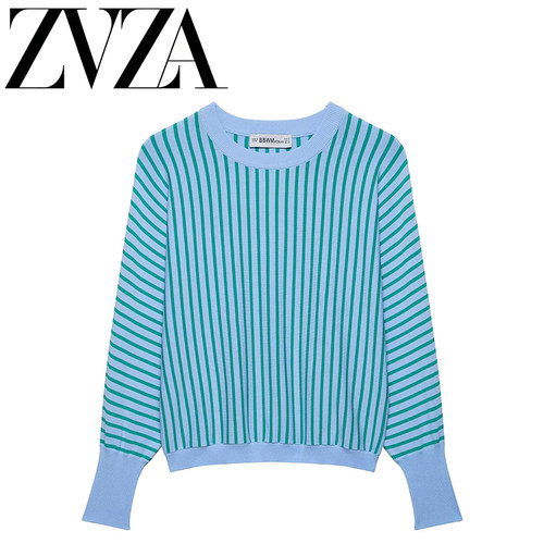 ZA 夏季新款 ZV女装 欧美风 时尚百搭设计感 条纹针织卫衣3653017