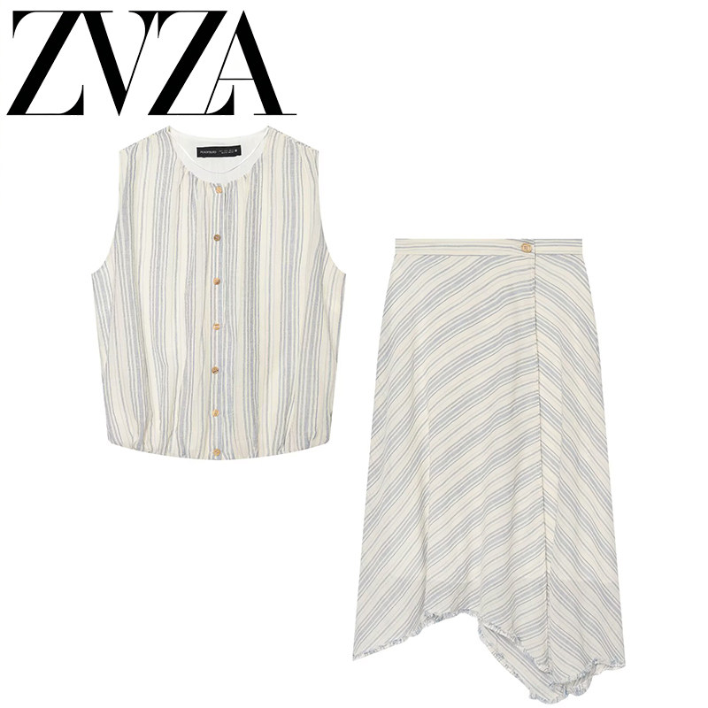 ZA 夏季新款 ZV女装 欧美风 时尚条纹衬衫 +毛边不对称半身裙套装