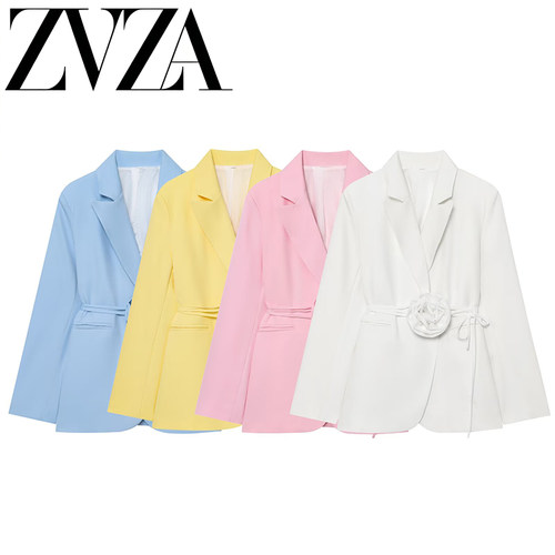 ZA 夏季新款 ZV女装 欧美风 时尚百搭简约风设计系带花朵西装外套