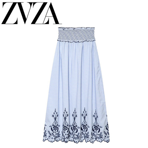 ZA 夏季新款 ZV女装 欧美风 时尚刺绣格子上衣半身裙套装8741062