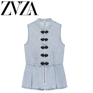ZA 夏季新款 ZV女装 欧美风 时尚百搭简约绳结扣牛仔背心 4001054