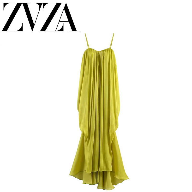 ZA 夏季新款 ZV女装 欧美风 时尚款草绿色褶皱露背绷带长款连衣裙